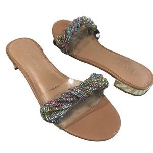 BCBG Generation Darli Rhinestone Slides Transparent Slip On Bow Flat Sandals 6